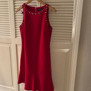 Ellen Tracy Red Studded Sleeveless Dress with Flounce Hem